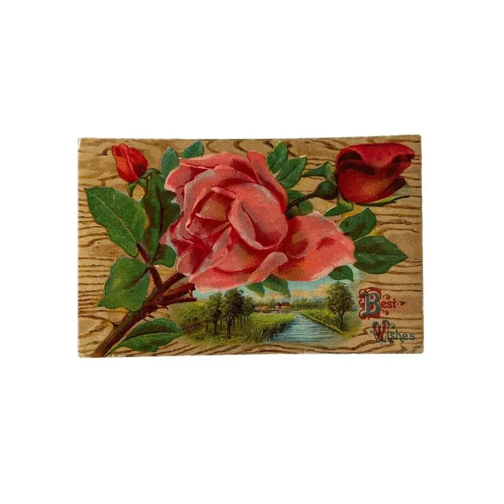 Antique 1911 Ephemera Embossed Posted Signed Postcard Best Wishes Roses Country